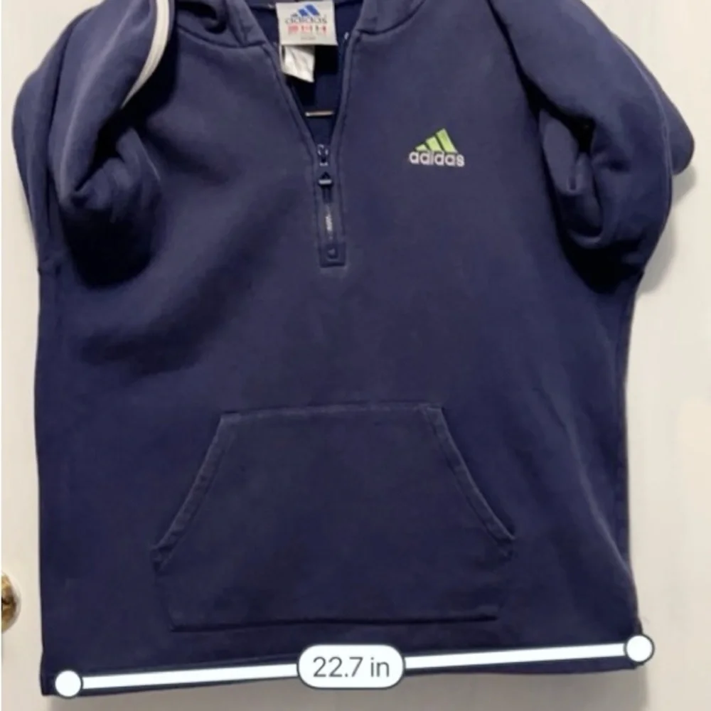 COPY - Vintage Navy Adidas 1/4 zip Hoodie with lime green logo. Split hem. Sz XL